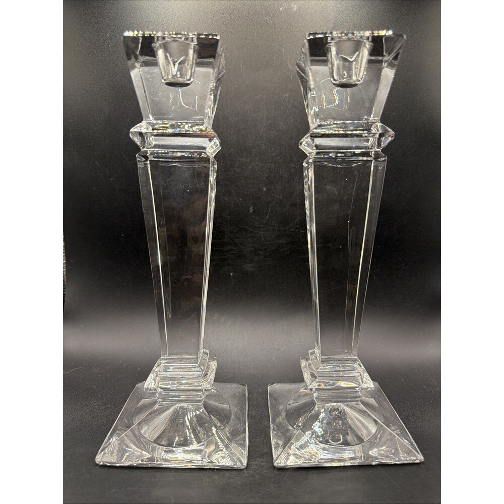 Vintage Czech Shannon Lead Crystal Square Pillar/Taper Candle Holders 10” Tall